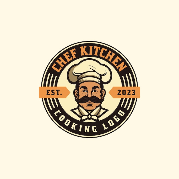 Vector retro chef logo or vintage emblem cooking food badge