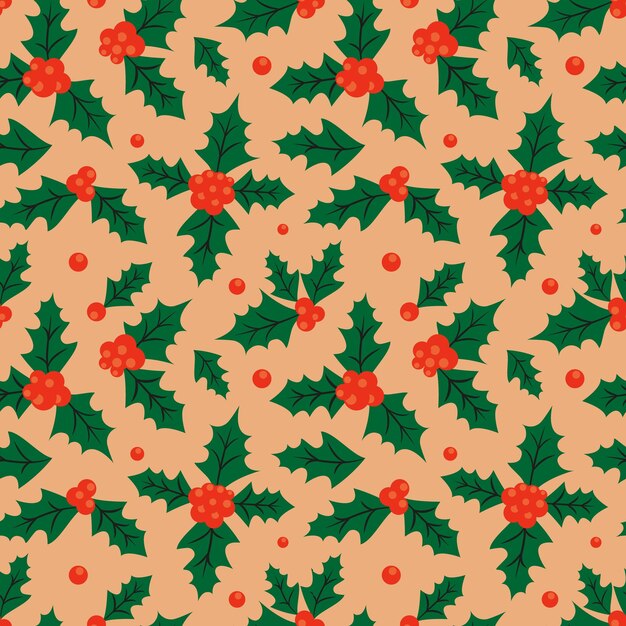 Retro christmas seamless background with holly leaves and berries