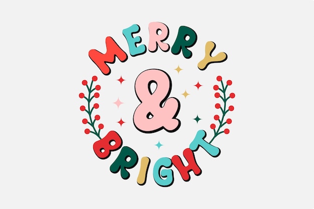 레트로 크리스마스 SVG T 셔츠 디자인 메리와 밝은