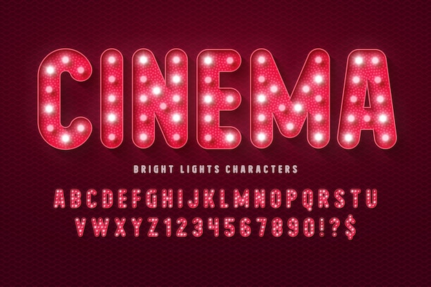 Vector retro cinema alfabet ontwerp cabaret warme lampen letters en cijfers