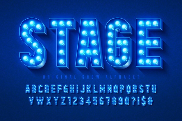 Design dell'alfabeto cinematografico retrò, cabaret, lettere e numeri di lampade a led.