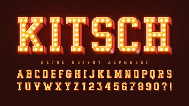 Vector retro cinema alphabet design cabaret warm lamps letters and numbers