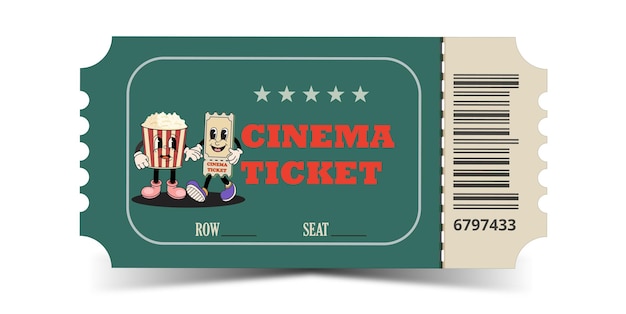 Retro cinema kaartje Groovy cinema kaartje met schattige popcorn en kaartje personage Vector illustrati
