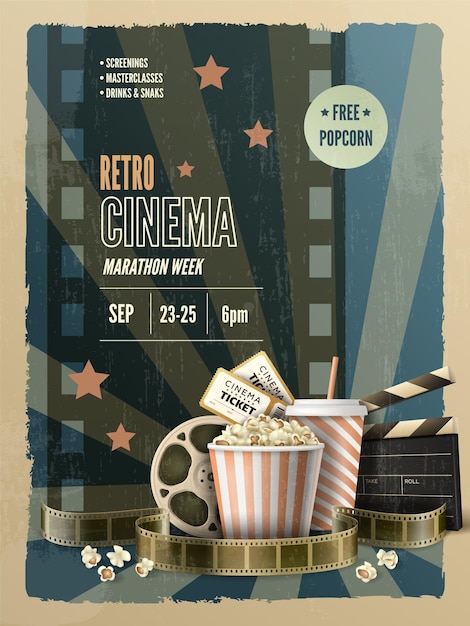Poster verticale della settimana della maratona del cinema retrò con secchio di popcorn e biglietti realistici illustrazione vettoriale