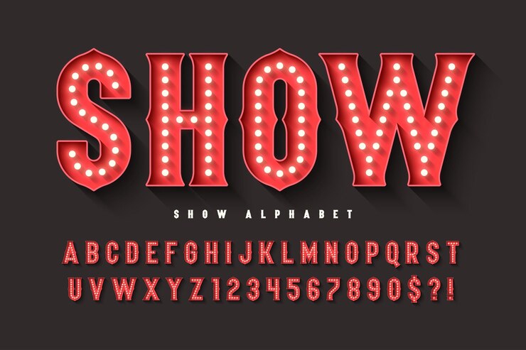 Vector retro circus alphabet design cabaret fairy led lamps letters and numbers