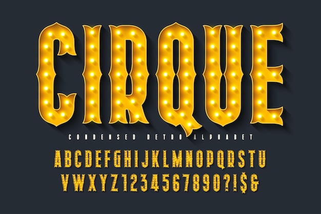 Vector retro circus alphabet design cabaret led lamps letters and numbers original design