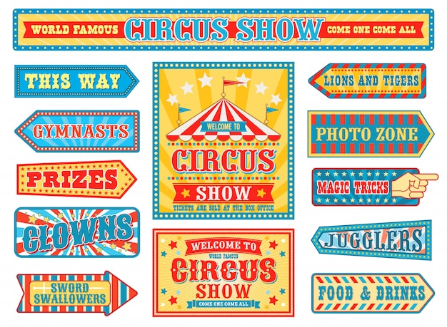 Vector retro circus badges, carnival signs