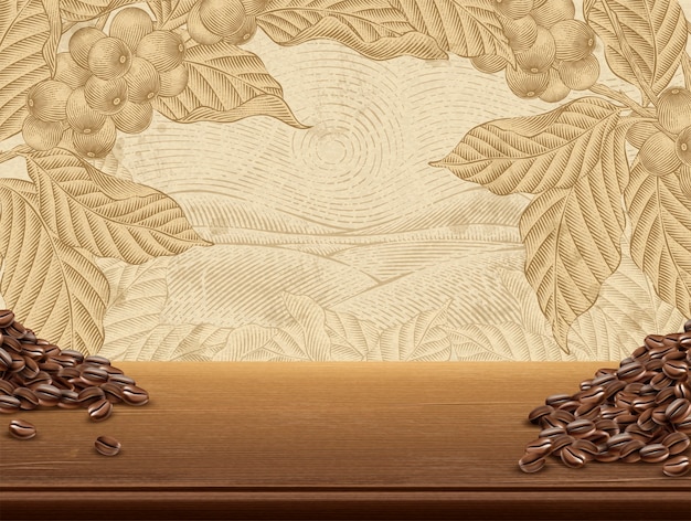 레트로 커피 식물 배경, 사실적인 나무 테이블과 그림의 커피 콩, 에칭 스타일의 필드 풍경