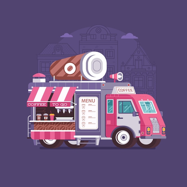 Ретро кофейный фургон в плоском дизайне городской уличный фудтрак с чашкой кафе летняя кухня автокиоск в плоском дизайне мультяшный автомобиль с едой на колесах иллюстрация винтажный мультяшный минивэн с напитками
