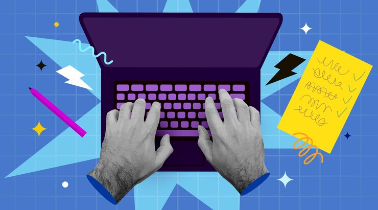 Vector retro collage human hands and laptop it work concept