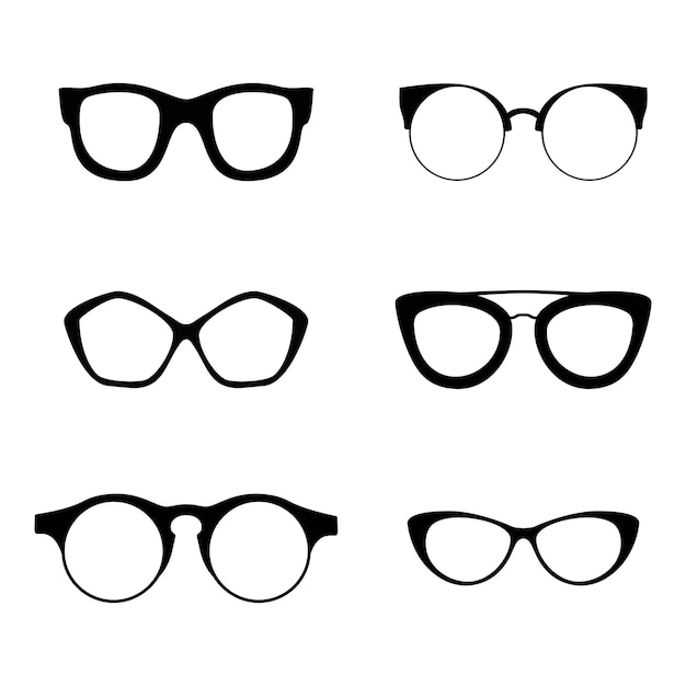 Retro collectie van 6 verschillende glazen Zonnebril zwarte silhouetten Eye set Vector illustratie