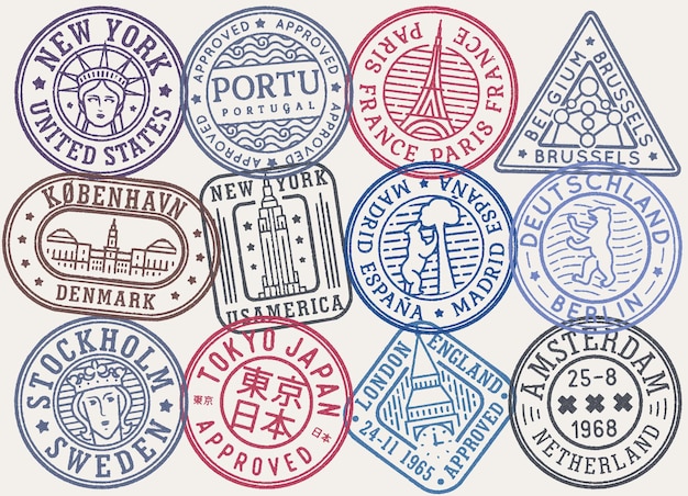 Retro color postal stamps vector collection