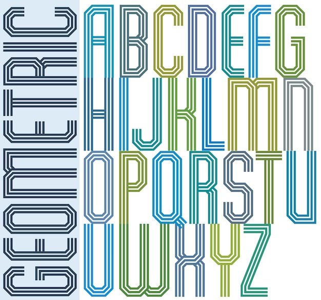 レトロなカラフルな幾何学的なフォントで、平行な三重の線、装飾的なポスターの文字。
