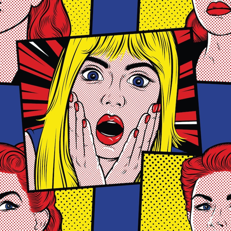 Vector retro comic background with surprised blonde woman wow face omg concept pop art seamless pattern