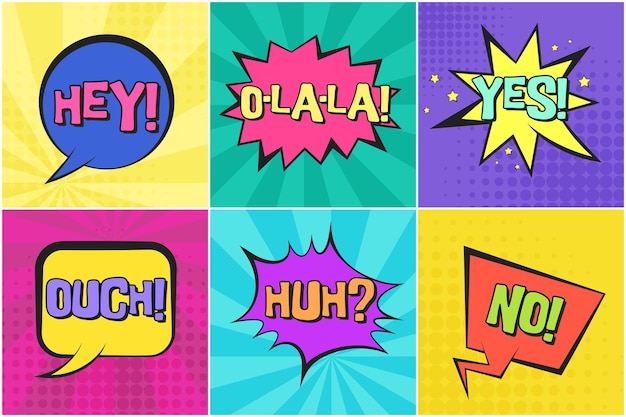 Vector retro comic speech bubbles with yes, no, hey