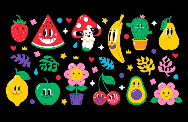 Vector retro comicstyle cartoon characters set fruits cactus flower vector illustration