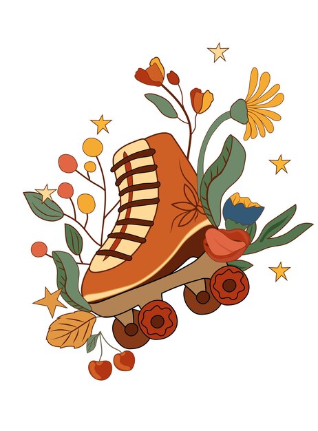 Retro composition 70s with colorful rollers skate, flowers and leaves. Psychedelic groovy symbols