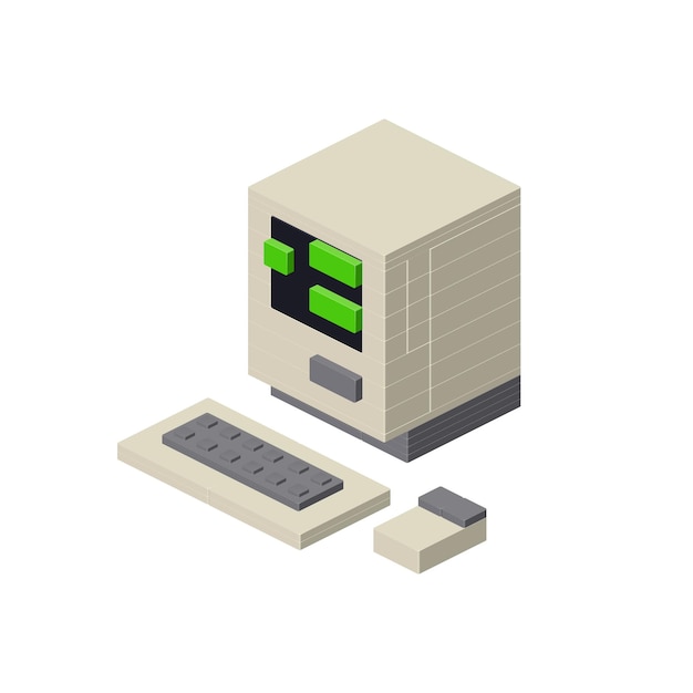 Retro computer 80s in isometry on a white background. Vector clipart