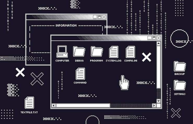 Vector retro computer black screen with old programs dark ui, program glitch and hack or virtual virus attack vector illustration. operating system with software failure, crush, bug.