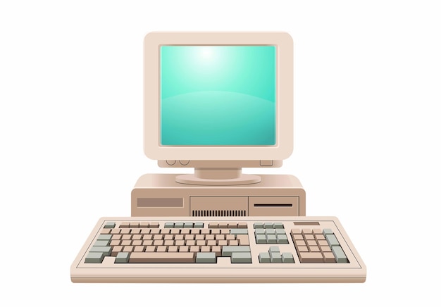 Retro-computer met scherm en toetsenbord Computer 8090's Front-faced Cartoon-stijl Lineaire retro-stijl