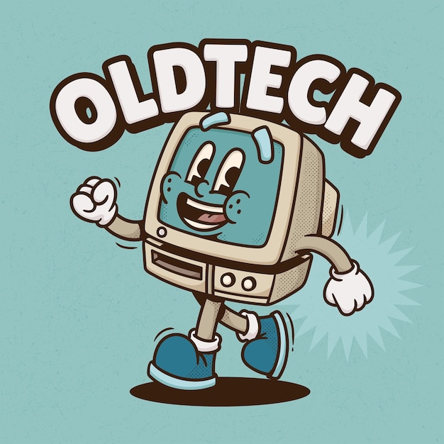 Retro Computer Trendy Retro Cartoon Vector Hand Getrokken