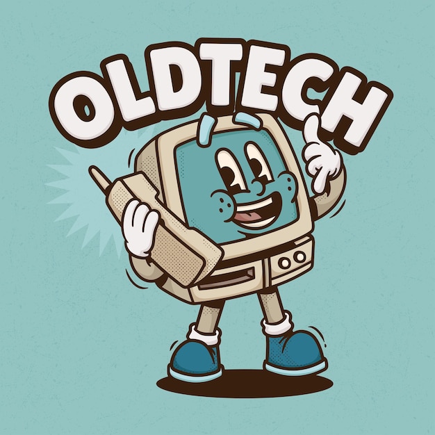 Retro Computer Trendy Retro Cartoon Vector Hand Getrokken