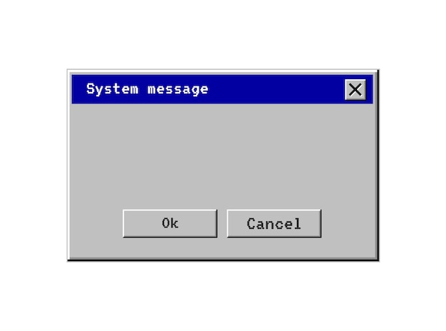 Retro computer window. PC dialog box. Old user interface warning message. Retro browser and error message popup