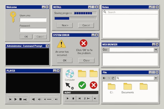 Retro-computerinterface en vensterontwerp
