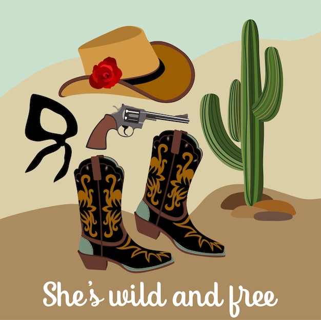 Vector retro cowgirl. vector set of cowboy hat with red rose, revolver, boots, bandana and cactus.