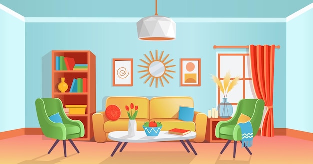 Retro cozy colored living room interior with sofa, armchairs, table, shelf, window, vase, chandelier, paintings, mirror.