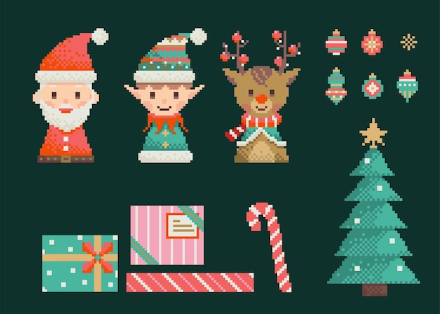 Retro and cute Merry Christmas holiday elements pixel art collection