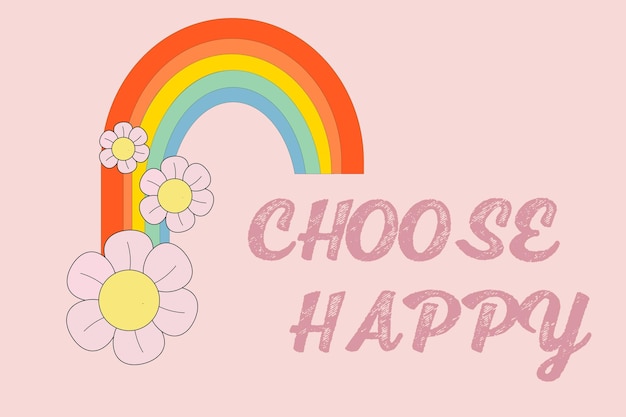 レトロデイジー 虹と輝き 夏のシンプルなミニマリストの花 幸せな文字のテキストを選択してください