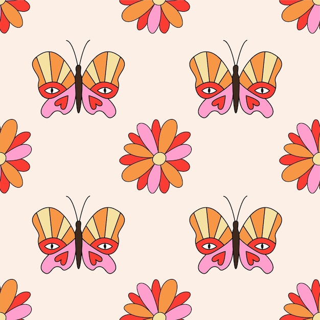 Vector retro daisy flowers and butterflies seamless pattern. retro floral background