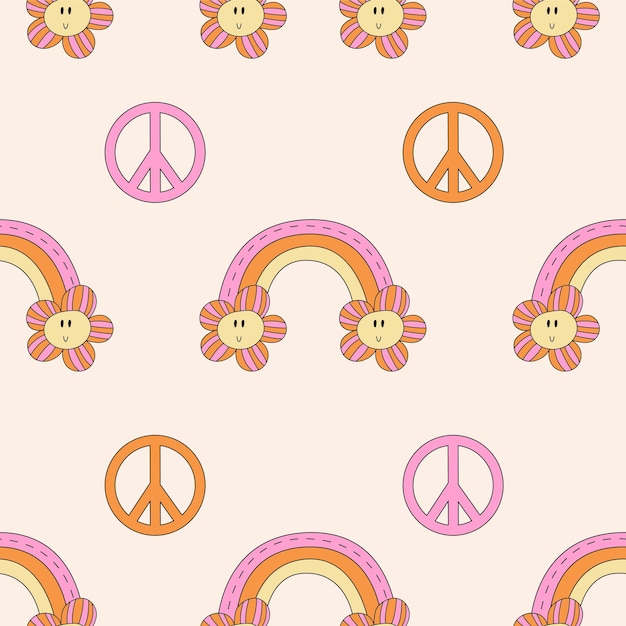 Retro Daisy Peace Seamless Pattern Psychedelic pattern daisy peace 1970 good vibes pattern