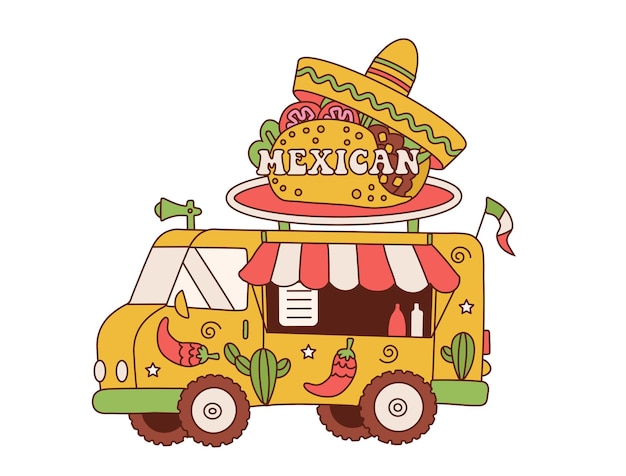 Vector retro delicious commercial food truck vehicle with mexican cuisine vehicle with mexican hat and taco