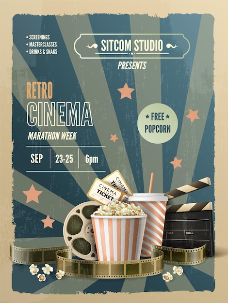 Vector retro design cinema week invitation poster with popcorn tickets clapper reels realistic vertical vector illustration