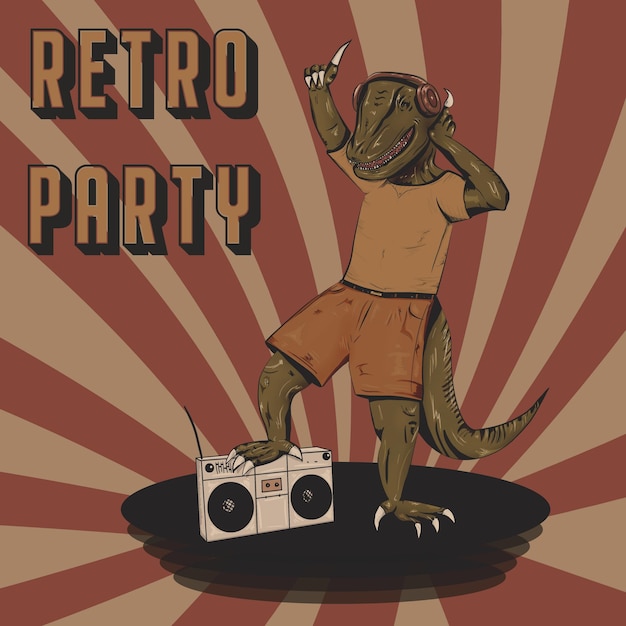 Retro design of dinosaur dancing and listening music in headphones and tape recorder