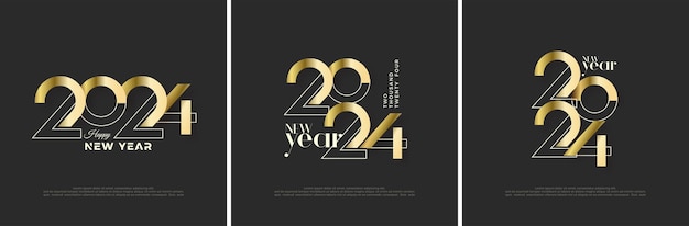 光沢のある豪華なゴールドカラーのレトロなデザインの新年2024年背景カバーポスターバナーカレンダーと新年あけましておめでとうございます2024年のお祝いのためのプレミアムベクターデザイン