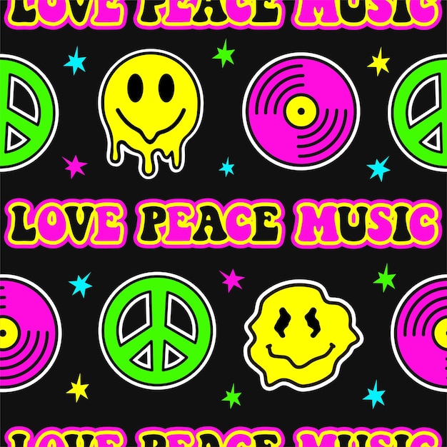 Retro design of peace love and music with peace symbol vinyl disc and smiling face hippie groovy 60s