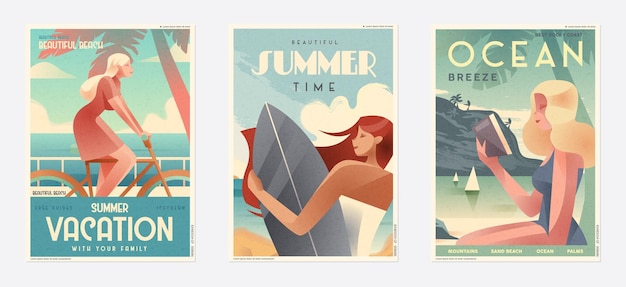 Retro design zomervakantie en zomerkamp poster meisje ontspannen op het strand vector