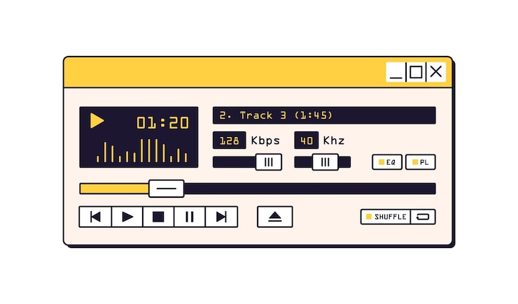 Vector retro digital music mp3 player, window ui in 90s style. audio playing software interface. old nostalgia program with tune track, buttons, sliders. flat vector illustration isolated on white background