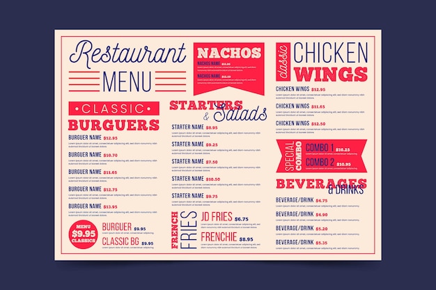 Vector retro digital restaurant menu horizontal format template