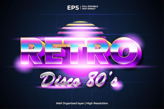 Retro disco 80s editable vintage text effect template in gradient style vector illustration