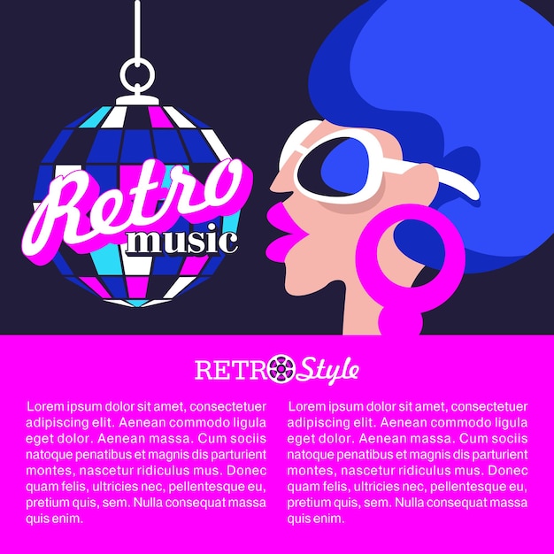 Vector retro disco party. colorful vector illustration, poster. beautiful girl in sunglasses and disco ball.