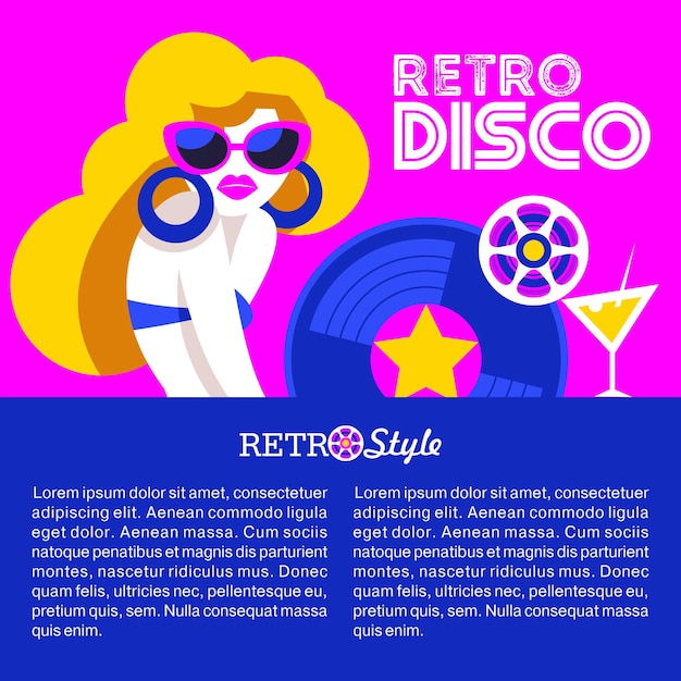 Vector retro disco party. colorful vector illustration, poster. beautiful girl in sunglasses and vinyl record.