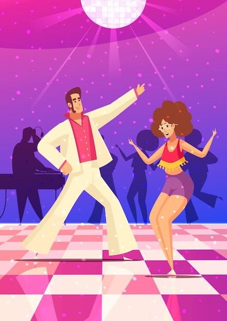 Retro disco party with couple dancing flat illustration