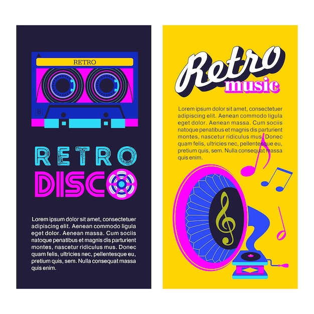 Retro disco poster. Gramophone and cassette.