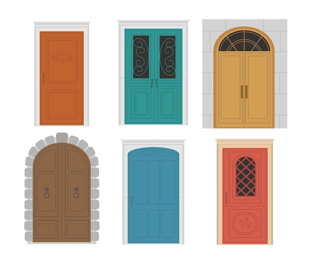 Retro doors set colorful facades and exterior entrance and doorway to cottage or townhouse urban