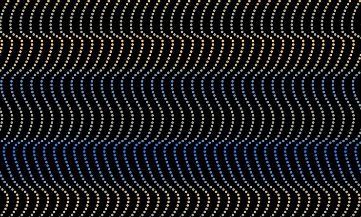 Vector retro dotted wave pattern on black background gradient of blue and yellow dots