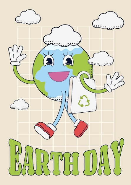 Retro Earth globe character with recycling cloth bag Environment friendly concept illustration in 7